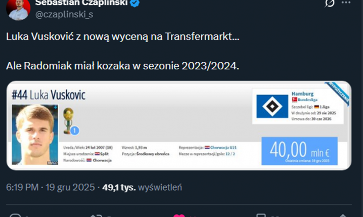 NOWA WYCENA Luki Vuskovicia, który jeszcze w 2024 roku grał w Radomiaku Radom!